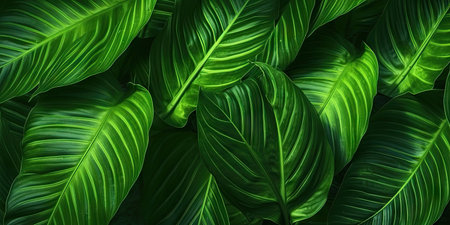 Background from green leaves. Palm leaves. Photo for postcard or poster. Generative AIの素材