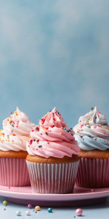 Delicious cupcakes. Appetizing cupcakes on a pastel background. Generative AIの素材