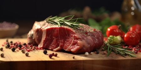 Fresh raw meat on a wooden background. natural spices. High quality photo. Generative AIの素材