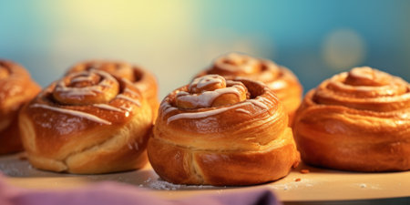 Delicious cinnamon. Appetizing buns on pastel background. High quality photo. Generative AIの素材