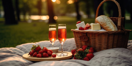 Romantic photo of a picnic, champagne in glasses and strawberries. High quality photo. Generative AIの素材