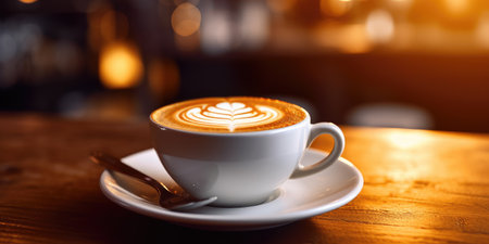 A cup of fragrant cappuccino on the table close-up. High quality photo. Generative AIの素材