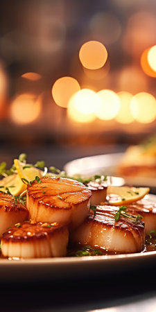 Gourmet sea scallops in a restaurant close-up. seafood. High quality photo. Generative AIの素材