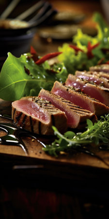 Grilled tuna steak in a restaurant dish close-up. High quality photo. Generative AIの素材
