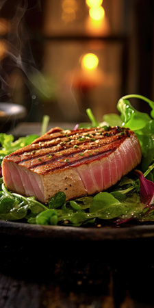 Grilled tuna steak in a restaurant dish close-up. Generative AIの素材