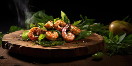 Grilled shrimp in a restaurant dish close-up. Sea delicacies. Generative AIの素材