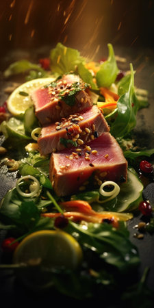 Grilled tuna steak in a restaurant dish close-up. High quality photo. Generative AIの素材