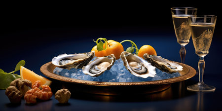 Oysters in a restaurant close-up of a dish. Exquisite oysters. High quality photo. Generative AIの素材