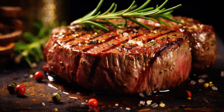 Delicious fried meat in a restaurant. Appetizing steak on the table. Generative AIの素材