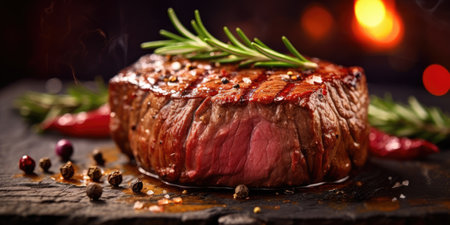 Delicious fried meat in a restaurant. Appetizing steak on the table. Generative AIの素材