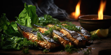 Fried fish in a restaurant close-up of a dish. Generative AIの素材