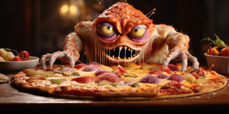 Illustration of a funny pizza monster close-up. Generative AIの素材