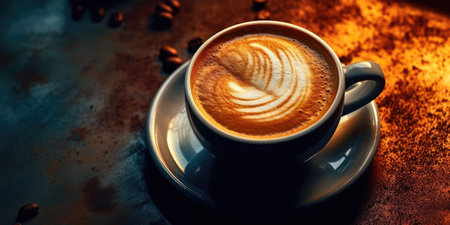 A cup of fragrant cappuccino on the table close-up. Generative AIの素材