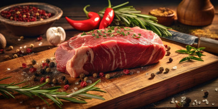 Fresh raw meat on a wooden background. Natural spices. Generative AIの素材
