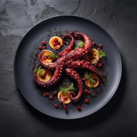 Exquisite grilled octopus tentacles. Octopus in the restaurant close-up of the dish. Generative AIの素材