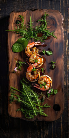 Grilled shrimp in a restaurant dish close-up. Sea delicacies. Generative AIの素材