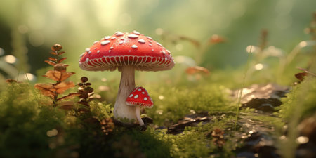 Illustration of funny mushrooms in the forest. Fantastic mushrooms in a mysterious country. Generative AIの素材