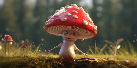 Illustration of funny mushrooms in the forest. Fairy mushrooms in fantasy land, forest landscape. Generative AIの素材