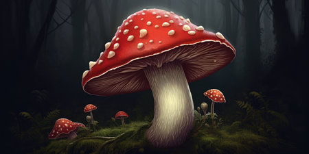 Illustration of funny mushrooms in the forest. Fantastic mushrooms in a mysterious country. Generative AIの素材