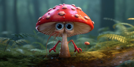 Illustration of funny mushrooms in the forest. Fairy mushrooms in fantasy land, forest landscape. Generative AIの素材