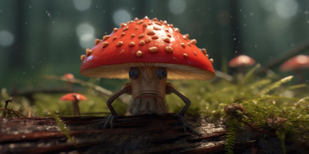 Illustration of funny mushrooms in the forest. Fairy mushrooms in fantasy land, forest landscape. Generative AIの素材