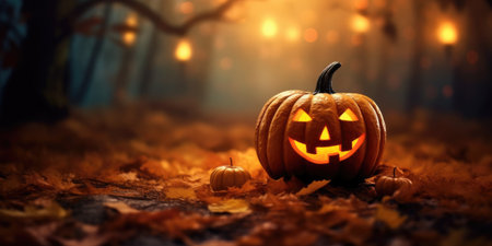 Pumpkin on a horizontal image with space for text. Photo on the theme of Halloween. Generative AIの素材