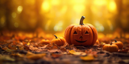 Pumpkin on a horizontal image with space for text. Photo on the theme of Halloween. Generative AIの素材
