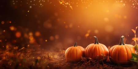 Pumpkin on a horizontal image with space for text. Photo on the theme of Halloween. Generative AIの素材