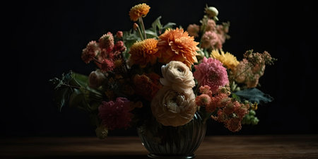 Bouquet of flowers in a glass vase on the table. Image for desktop. Generative AIの素材