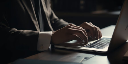 man works at the computer. Work online. Laptop. Generative AIの素材