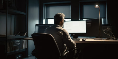 man works at the computer. Work online. Laptop. Generative AIの素材