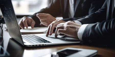 man works at the computer. Work online. Laptop. Generative AIの素材