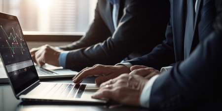 man works at the computer. Work online. Laptop. Generative AIの素材