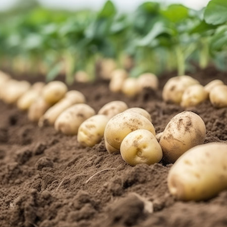 Potatoes on the field close-up. Harvesting potatoes. Generative AIの素材