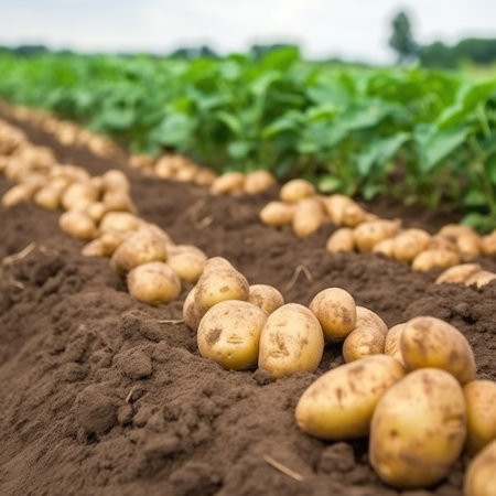 Potatoes on the field close-up. Harvesting potatoes. Generative AIの素材