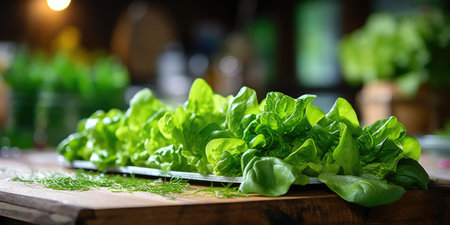 Fresh greens close-up. Dew drops on leaves. Greens on the table. Vegetarian theme. Generative AIの素材