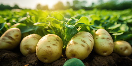 Potatoes on the field close-up. Harvesting potatoes. Generative AIの素材