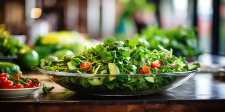 Fresh greens close-up. Dew drops on leaves. Greens on the table. Vegetarian theme. Generative AIの素材