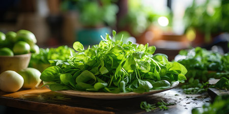 Fresh greens close-up. Dew drops on leaves. Greens on the table. Vegetarian theme. Generative AIの素材