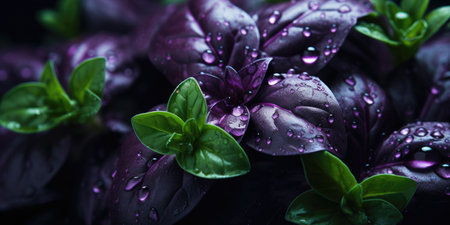 Beautiful basil close-up. Dew drops on leaves. Green and purple basil. Generative AIの素材