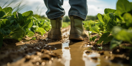 Man in rubber boots on the field close-up. Harvesting. Generative AIの素材