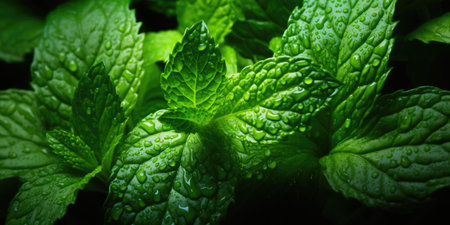 Fresh mint close-up. Dew drops on leaves. Vegetarian theme. Generative AIの素材