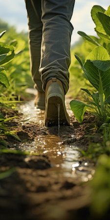 Man in rubber boots on the field close-up. Harvesting. Generative AIの素材