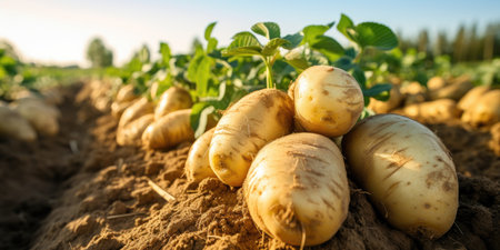 Potatoes on the field close-up. Harvesting potatoes. Generative AIの素材