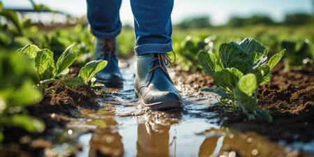 Man in rubber boots on the field close-up. Harvesting. Generative AIの素材