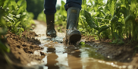 Man in rubber boots on the field close-up. Harvesting. Generative AIの素材