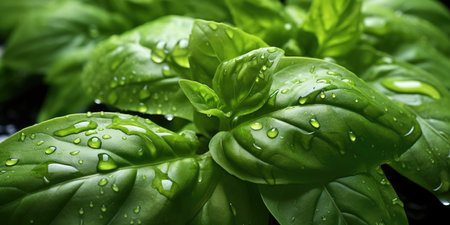 Beautiful basil close-up. Dew drops on leaves. Green and purple basil. Generative AIの素材