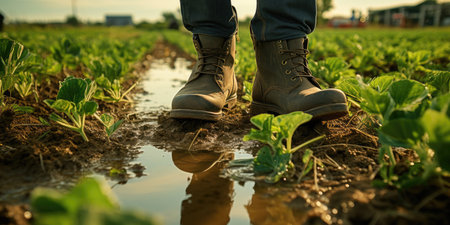 Man in rubber boots on the field close-up. Harvesting. Generative AIの素材