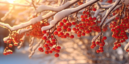 A bunch of mountain ash in winter on the snow. Winter photography. Generative AIの素材