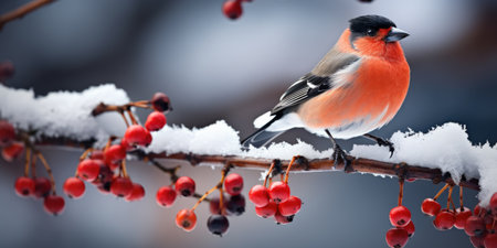 A bunch of mountain ash in winter on the snow. Winter photography. Bullfinch on a branch. Generative AIの素材